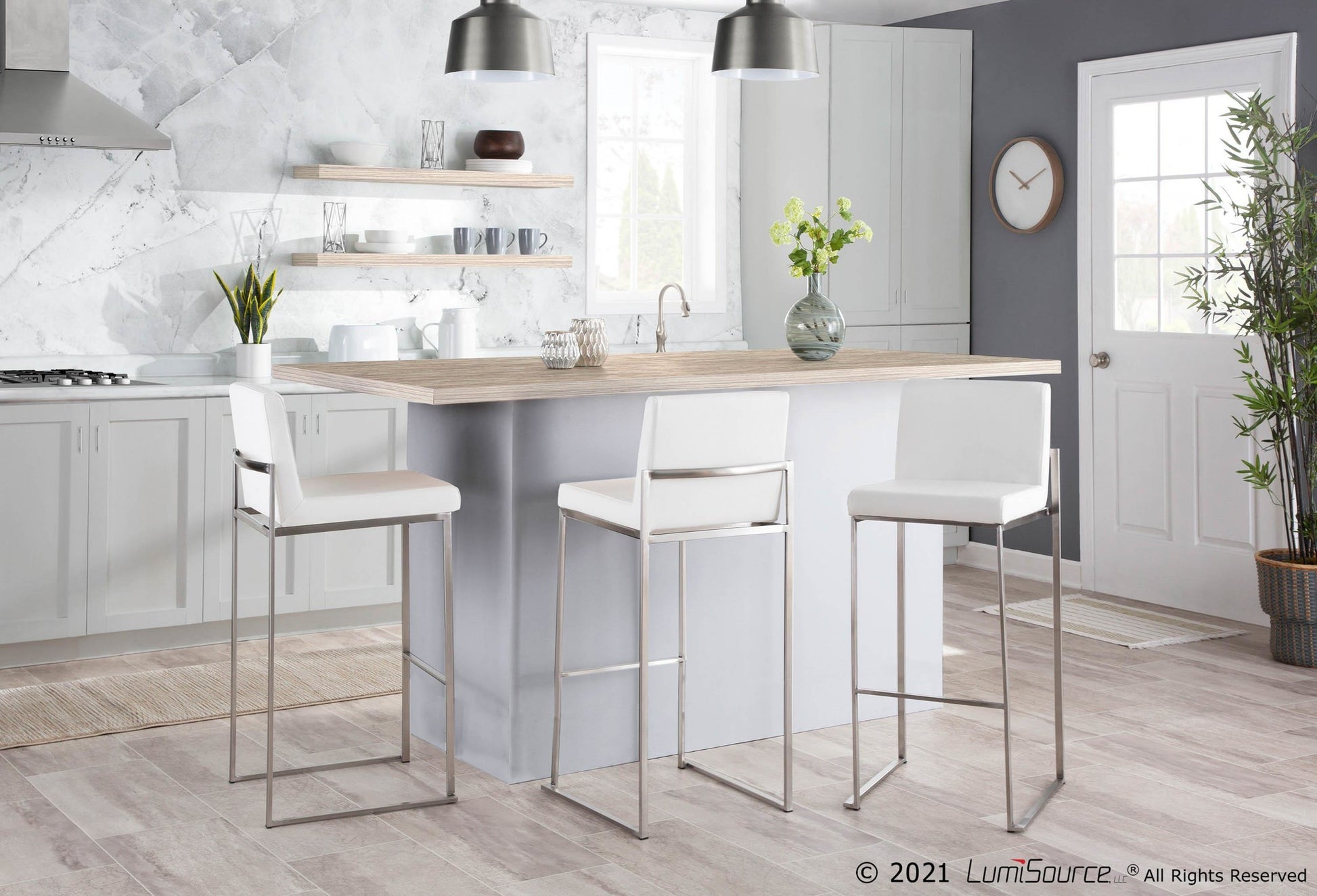 Fuji High Back Barstool - Set of 2 Gold Steel, Black PU By LumiSource | Bar Stools | Modishstore - 25