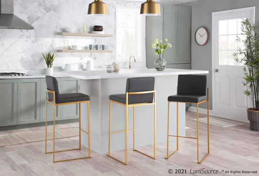 Fuji Contemporary High Back Barstool in Gold Steel and Grey Faux Leather By LumiSource - Set of 2 | Bar Stools | Modishstore