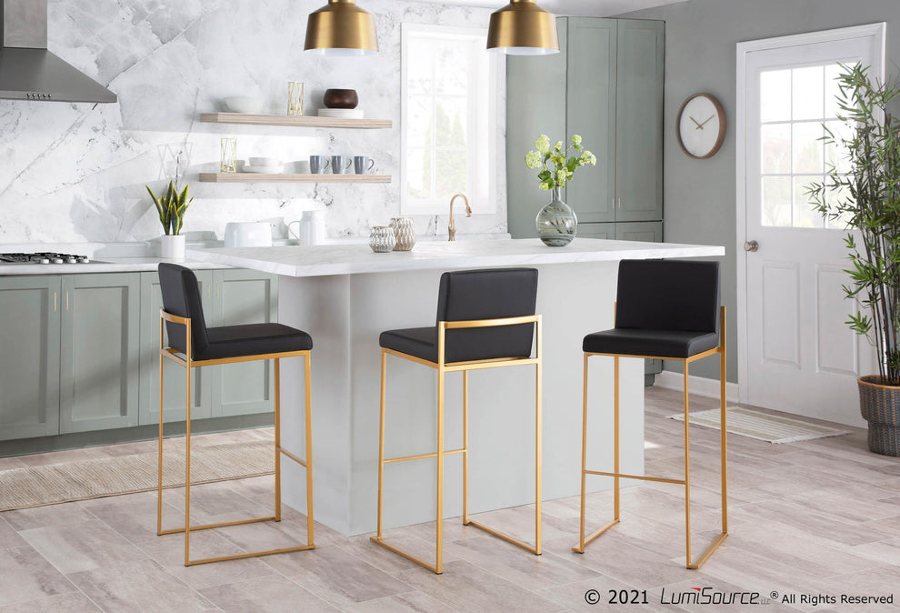 Fuji High Back Barstool - Set of 2 Gold Steel, Black PU By LumiSource | Bar Stools | Modishstore