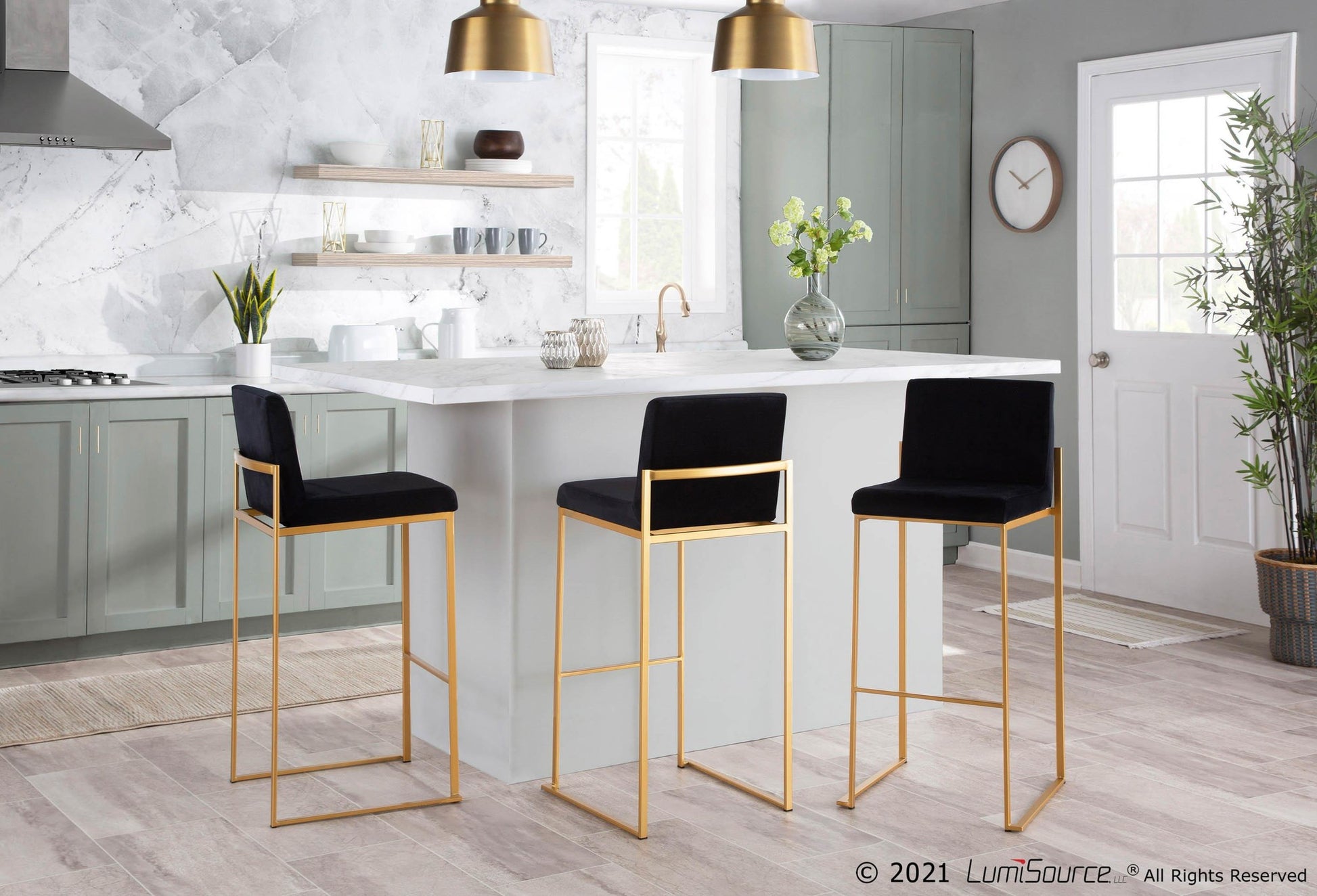 Fuji Contemporary High Back Barstool in Gold Steel and Black Velvet By LumiSource - Set of 2 | Bar Stools | Modishstore - 5