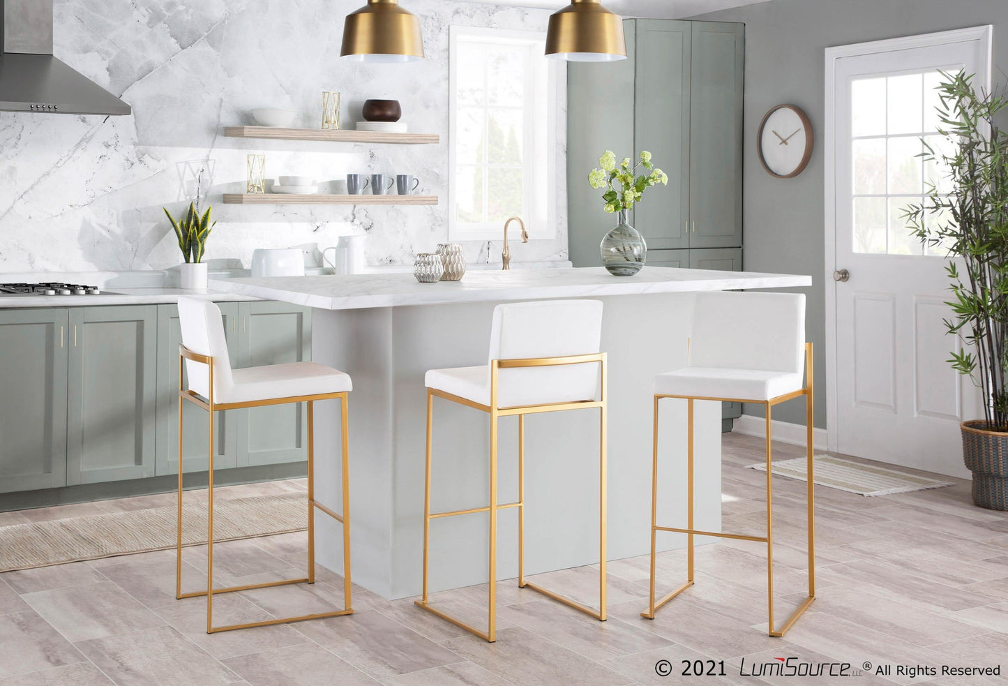 Fuji Contemporary High Back Barstool in Gold Steel and Black Velvet By LumiSource - Set of 2 | Bar Stools | Modishstore - 14