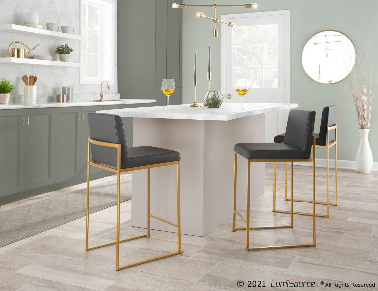 Fuji Contemporary High Back Counter Stool in Gold Steel and Black Faux Leather By LumiSource - Set of 2 | Counter Stools | Modishstore - 16