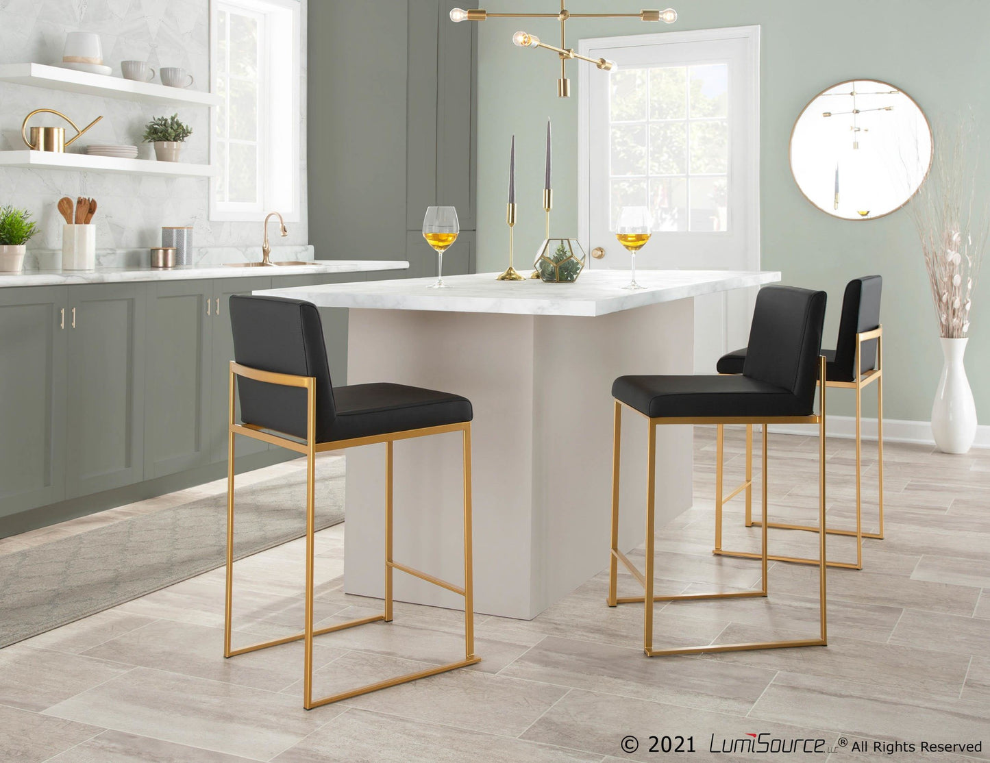 Fuji Contemporary High Back Counter Stool in Gold Steel and Black Faux Leather By LumiSource - Set of 2 | Counter Stools | Modishstore