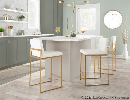 Fuji Contemporary High Back Counter Stool in Gold Steel and White Faux Leather By LumiSource - Set of 2 | Counter Stools | Modishstore