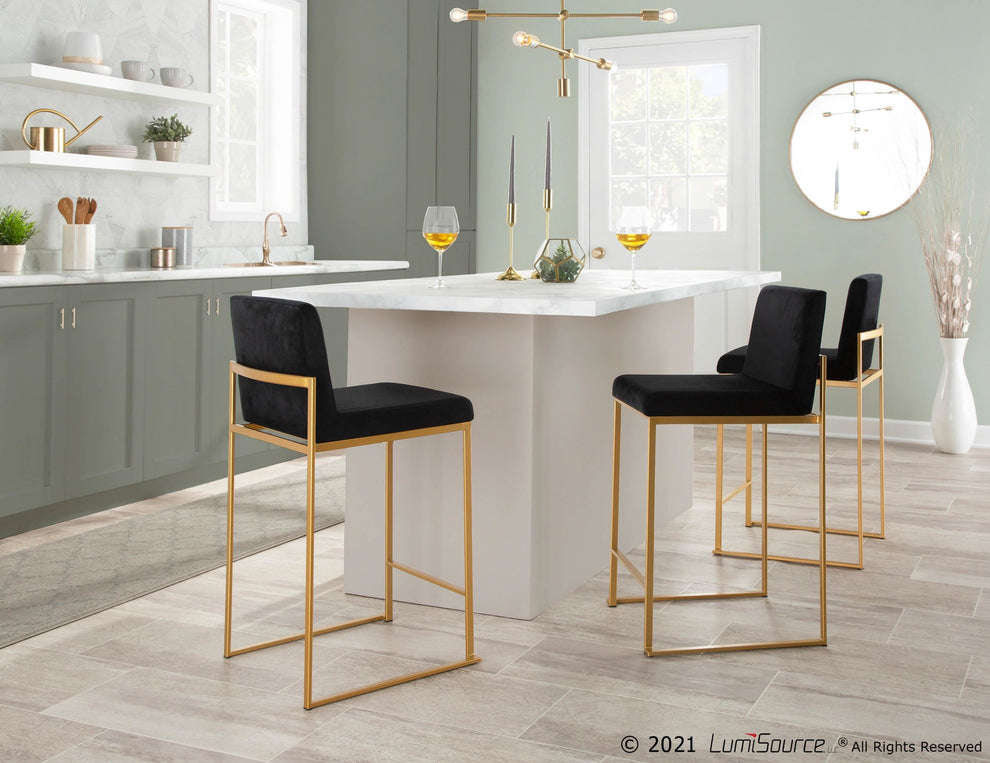 Fuji Contemporary High Back Counter Stool in Gold Steel and Black Velvet By LumiSource - Set of 2 | Counter Stools | Modishstore - 6