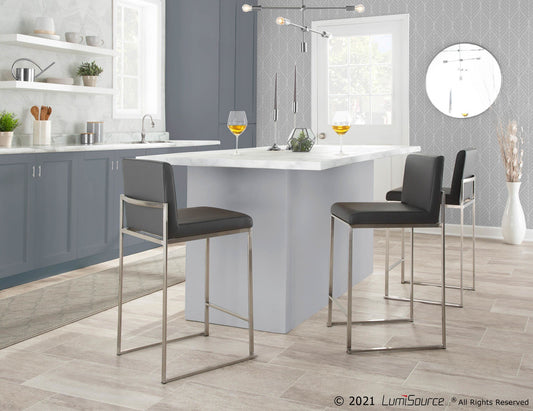 Fuji Contemporary High Back Counter Stool in Stainless Steel and Grey Faux Leather By LumiSource - Set of 2 | Counter Stools | Modishstore