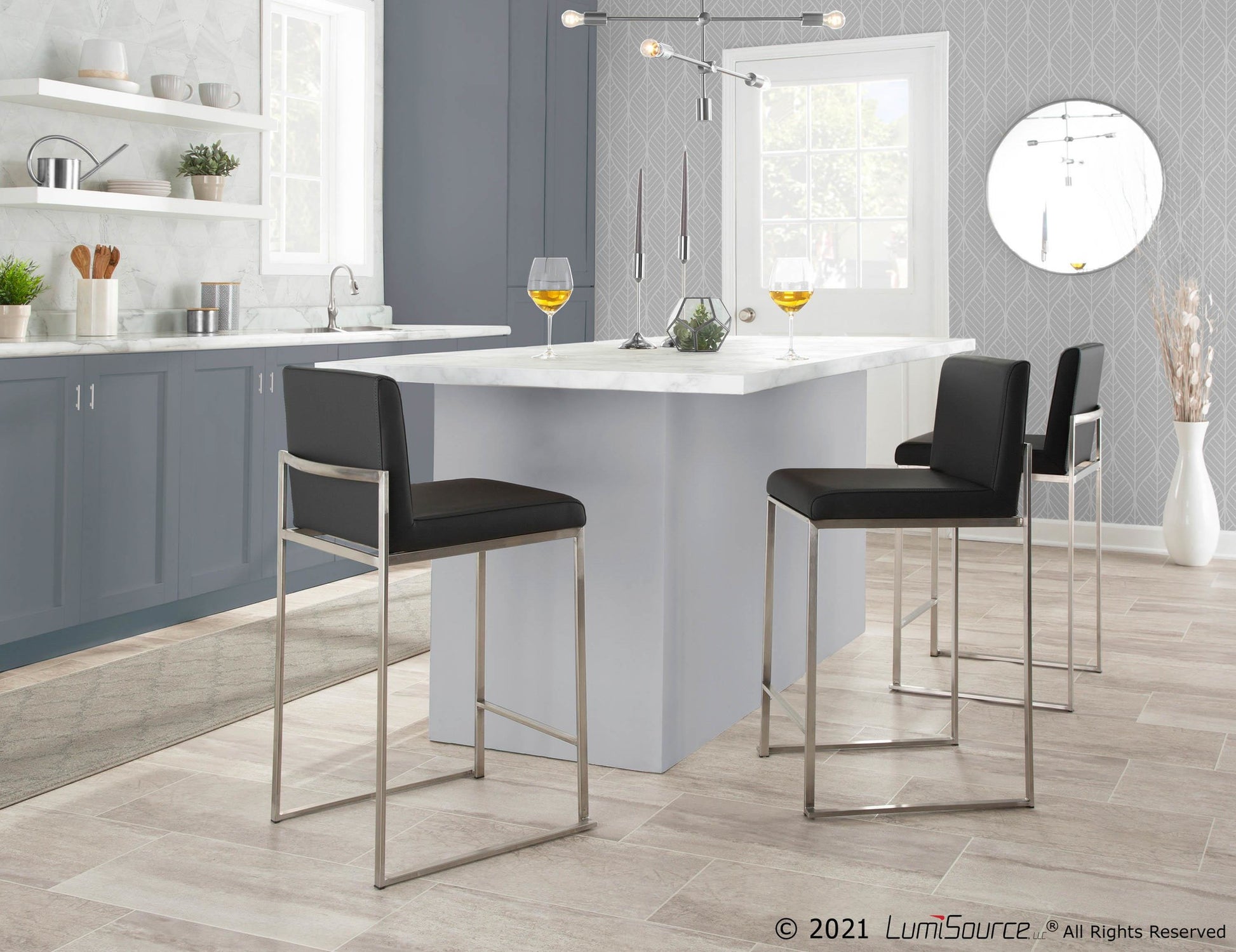 Fuji High Back Counter Stool - Set of 2 Black PU By LumiSource | Counter Stools | Modishstore - 2