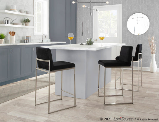 Fuji Contemporary High Back Counter Stool in Stainless Steel and Black Velvet By LumiSource - Set of 2 | Counter Stools | Modishstore