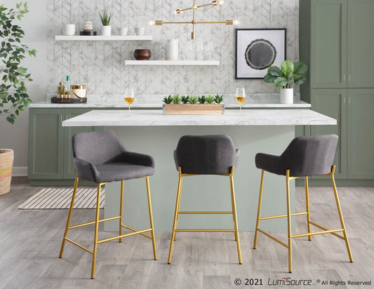 Daniella Contemporary/Glam Fixed-Height Counter Stool in Gold Metal & Charcoal Fabric By LumiSource - Set of 2 | Counter Stools | Modishstore