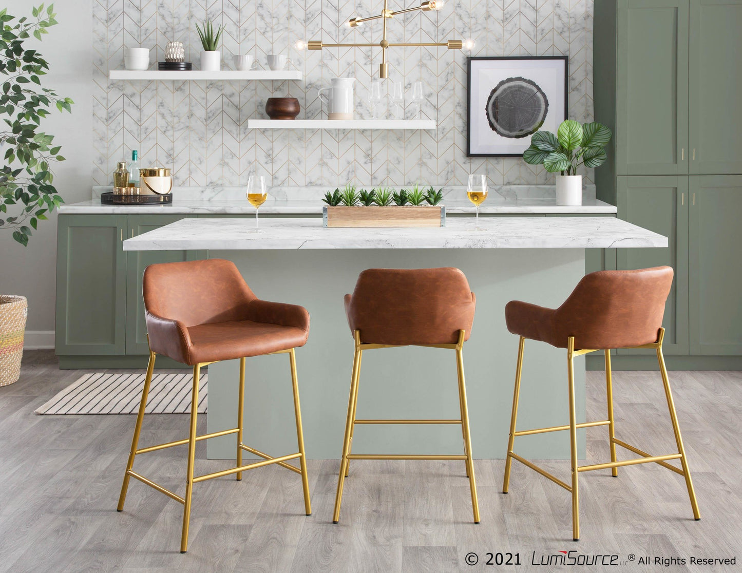 Daniella Contemporary/Glam Fixed-Height Counter Stool in Gold Metal and Camel Faux Leather By LumiSource - Set of 2 | Counter Stools | Modishstore