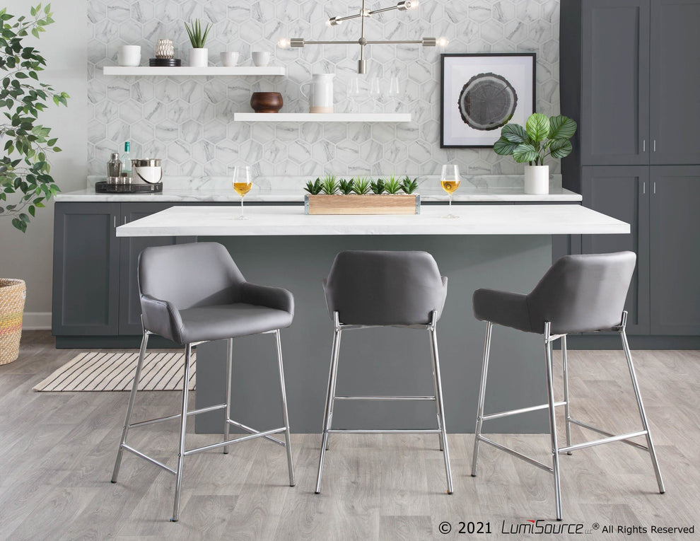 Daniella Contemporary Fixed-Height Counter Stool in Chrome Metal and Camel Faux Leather By LumiSource - Set of 2 | Counter Stools | Modishstore - 16