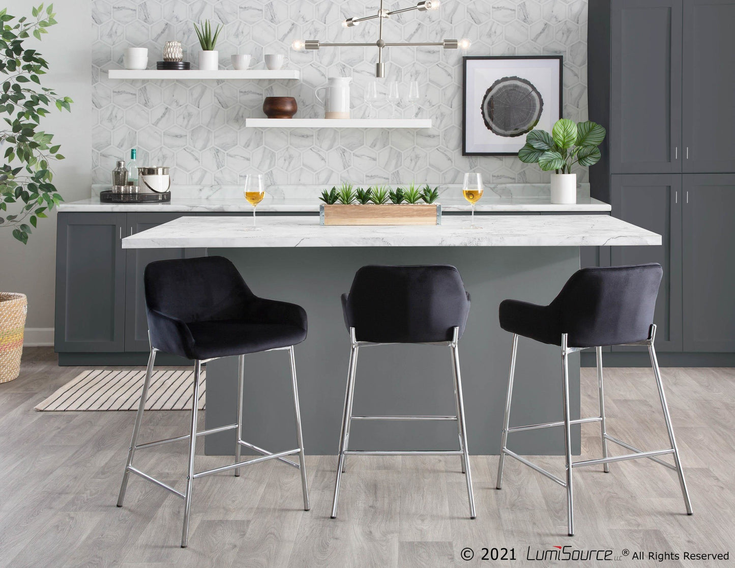 Daniella Contemporary Fixed-Height Counter Stool in Chrome Metal and Black Velvet By LumiSource - Set of 2 | Counter Stools | Modishstore - 6