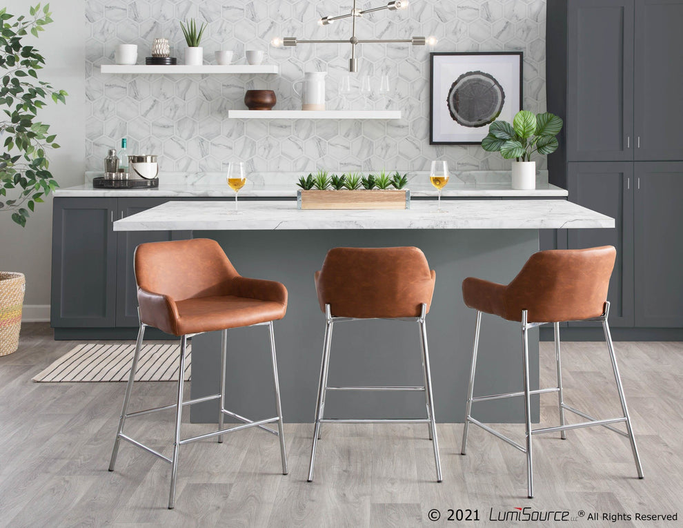 Daniella Contemporary Fixed-Height Counter Stool in Chrome Metal and Camel Faux Leather By LumiSource - Set of 2 | Counter Stools | Modishstore - 5