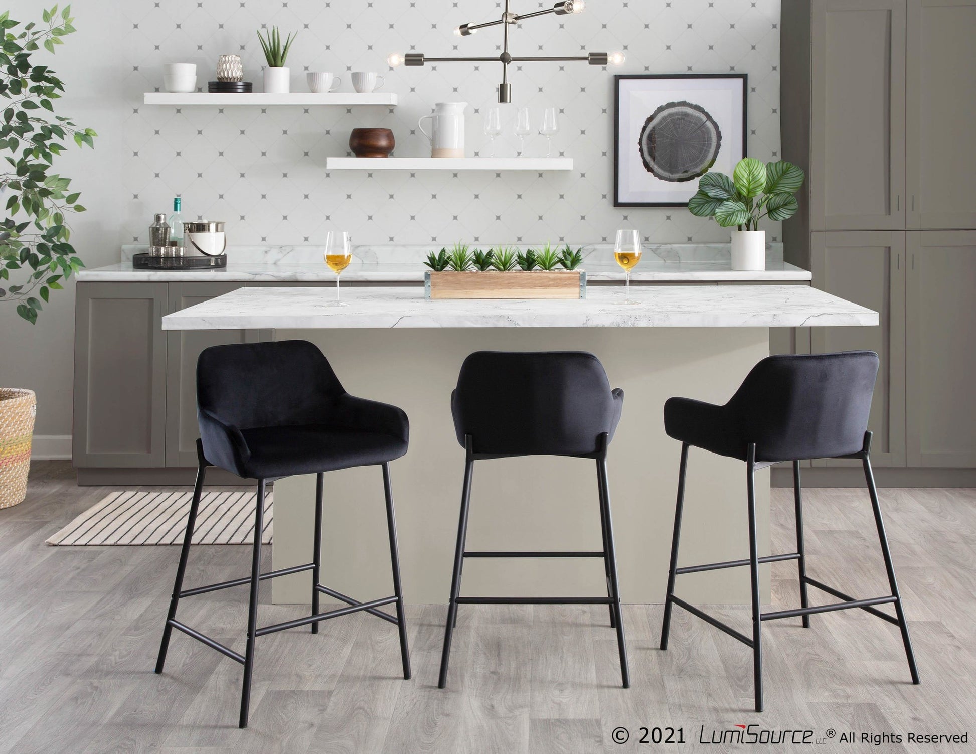 Daniella Industrial Fixed-Height Counter Stool in Black Metal and Black Velvet By LumiSource - Set of 2 | Counter Stools | Modishstore - 6