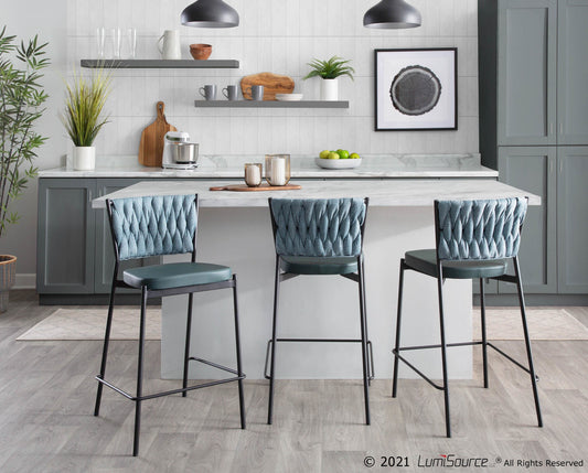 Braided Tania Contemporary Counter Stool in Black Metal, Green Faux Leather, and Sea Green Fabric By LumiSource - Set of 2 | Counter Stools | Modishstore