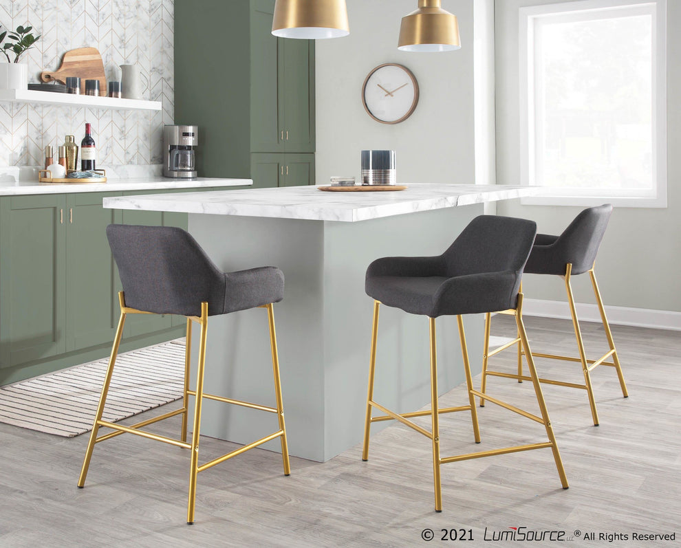 Daniella Contemporary/Glam Fixed-Height Counter Stool in Gold Metal & Charcoal Fabric By LumiSource - Set of 2 | Counter Stools | Modishstore - 6