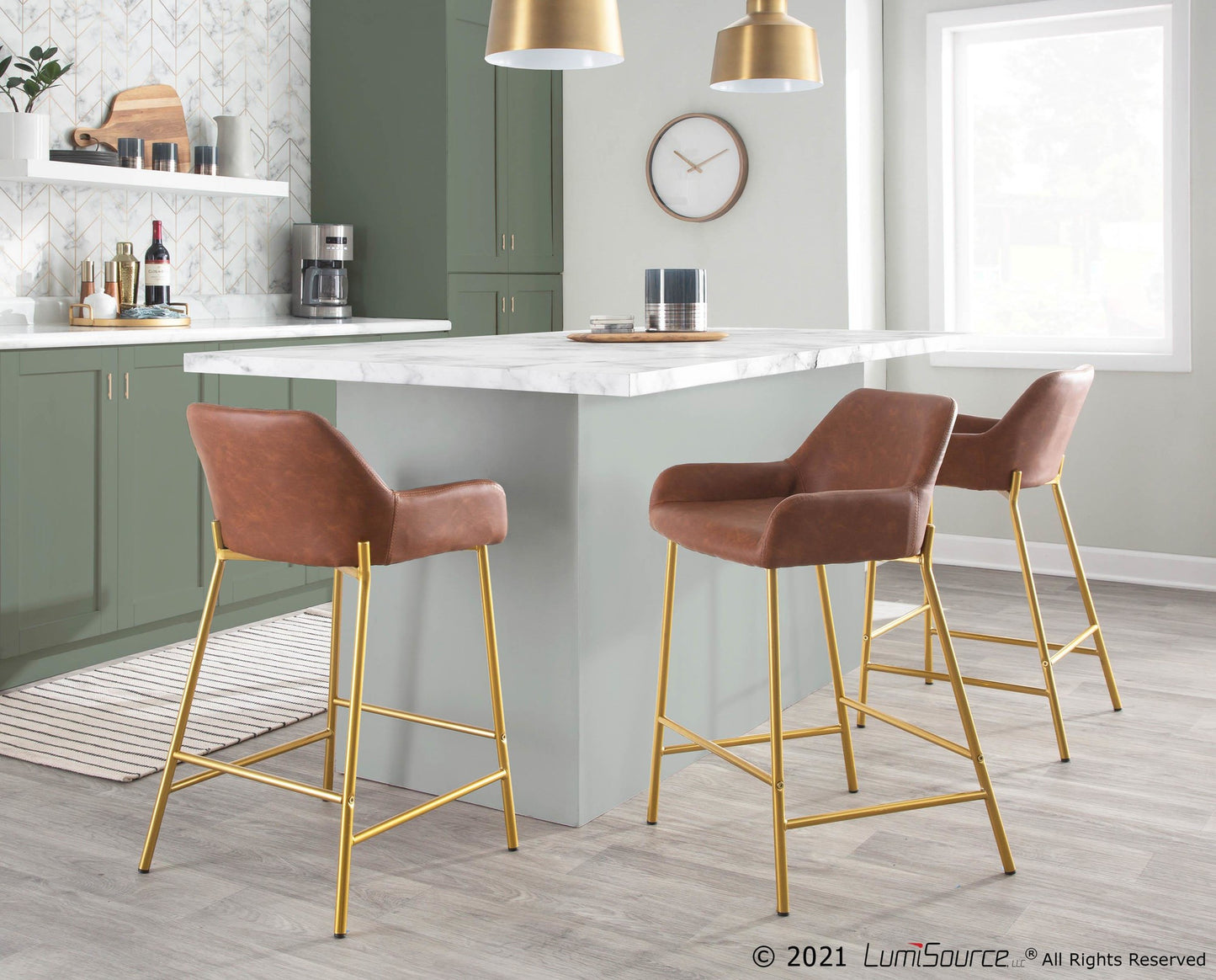 Daniella Contemporary/Glam Fixed-Height Counter Stool in Gold Metal and Camel Faux Leather By LumiSource - Set of 2 | Counter Stools | Modishstore - 6