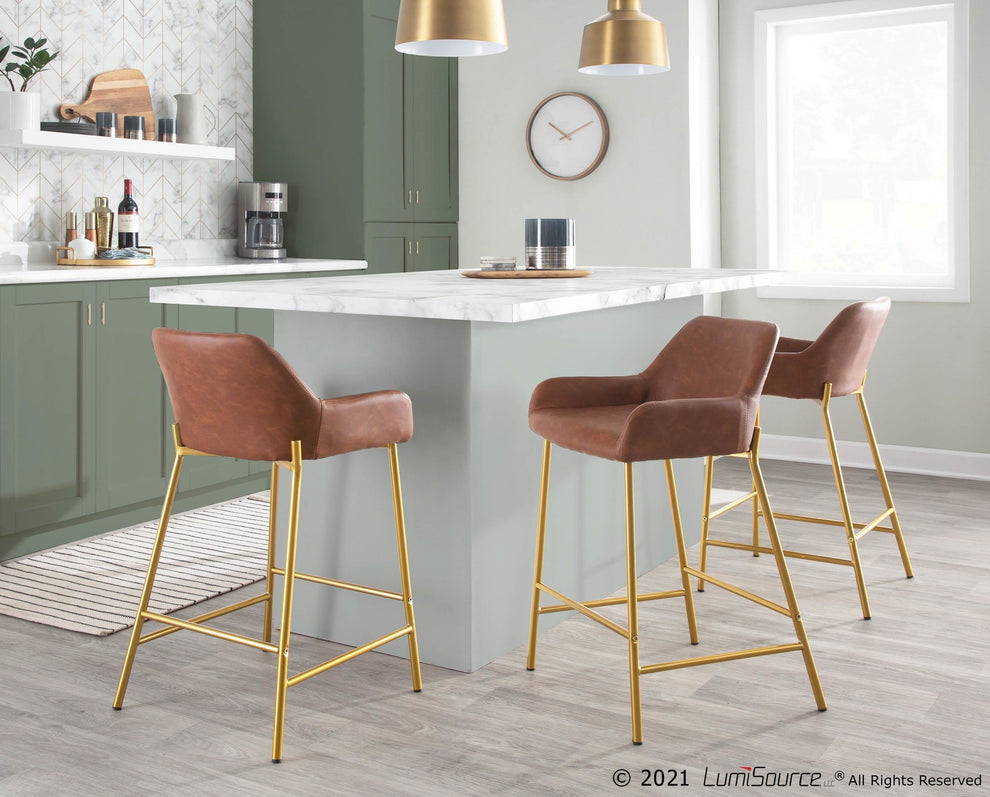 Daniella Contemporary/Glam Fixed-Height Counter Stool in Gold Metal and Camel Faux Leather By LumiSource - Set of 2 | Counter Stools | Modishstore - 6
