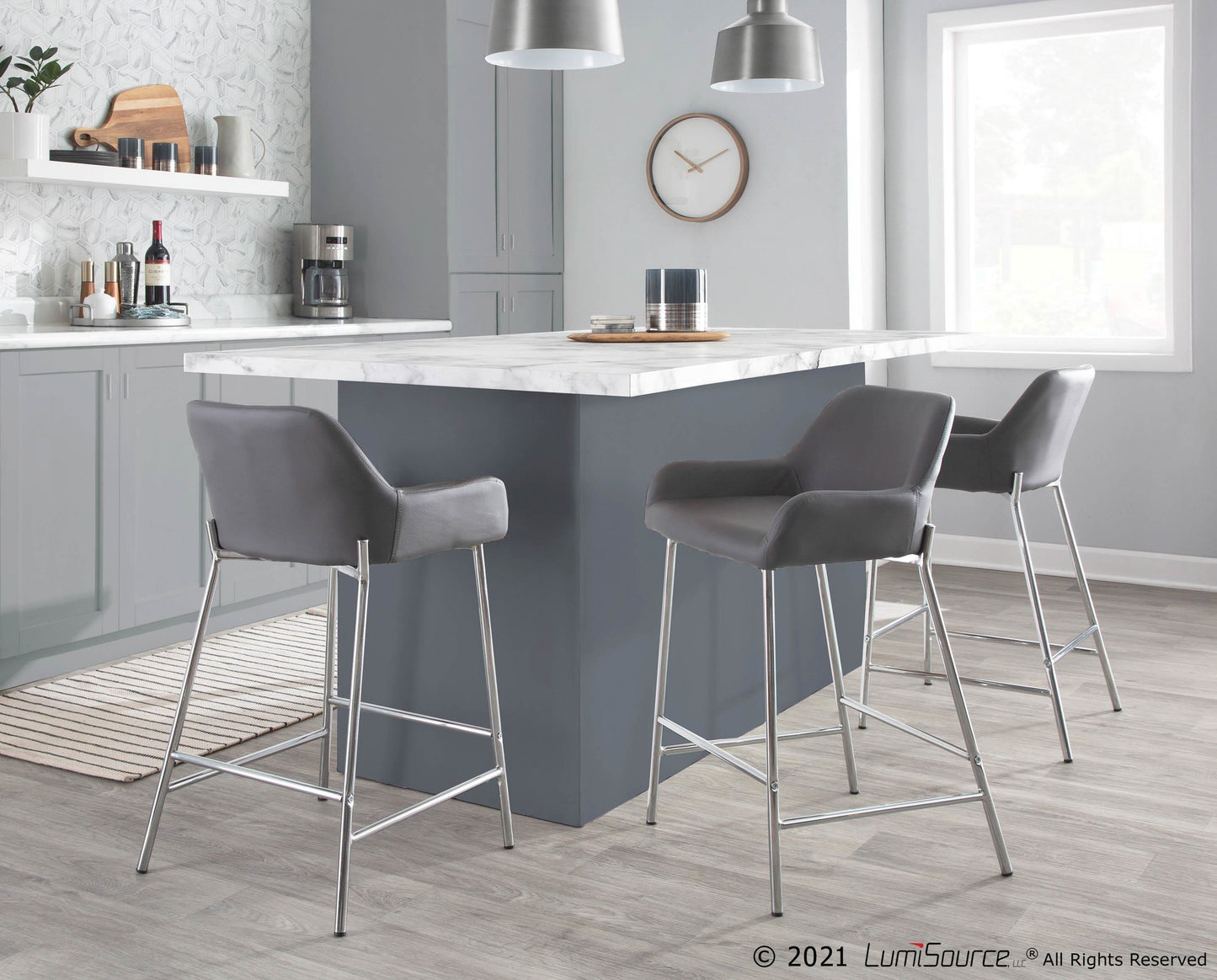 Daniella Contemporary Fixed-Height Counter Stool in Chrome Metal and Camel Faux Leather By LumiSource - Set of 2 | Counter Stools | Modishstore - 15