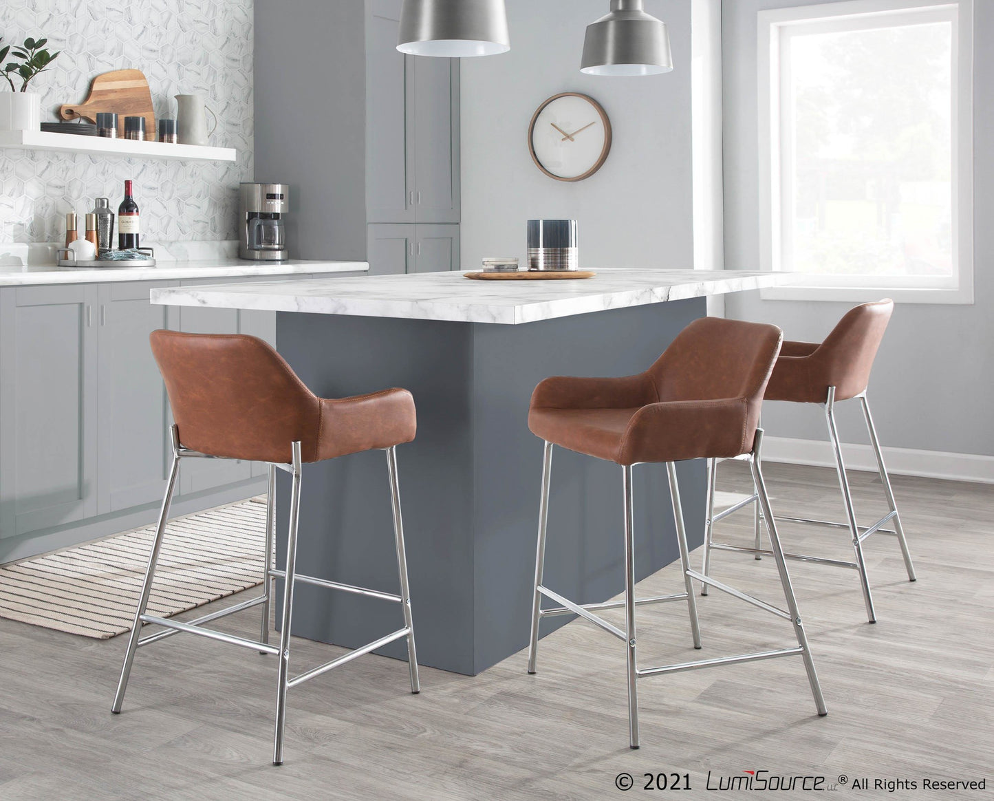 Daniella Contemporary Fixed-Height Counter Stool in Chrome Metal and Camel Faux Leather By LumiSource - Set of 2 | Counter Stools | Modishstore - 6