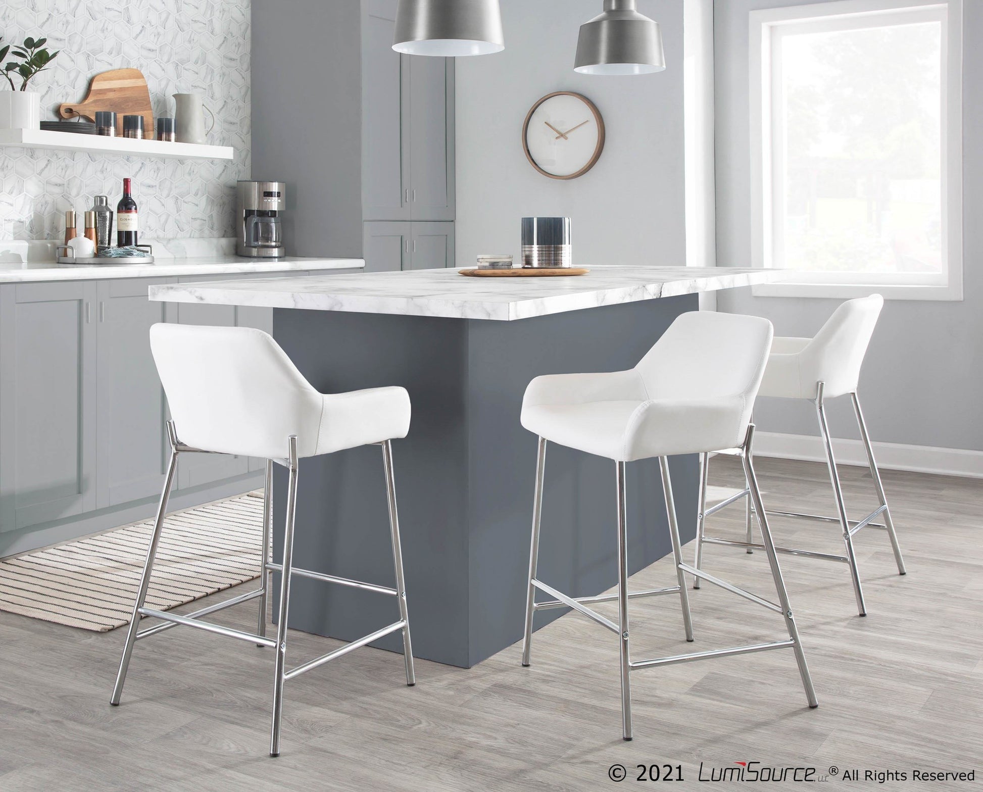 Daniella Contemporary Fixed-Height Counter Stool in Chrome Metal and Camel Faux Leather By LumiSource - Set of 2 | Counter Stools | Modishstore - 26