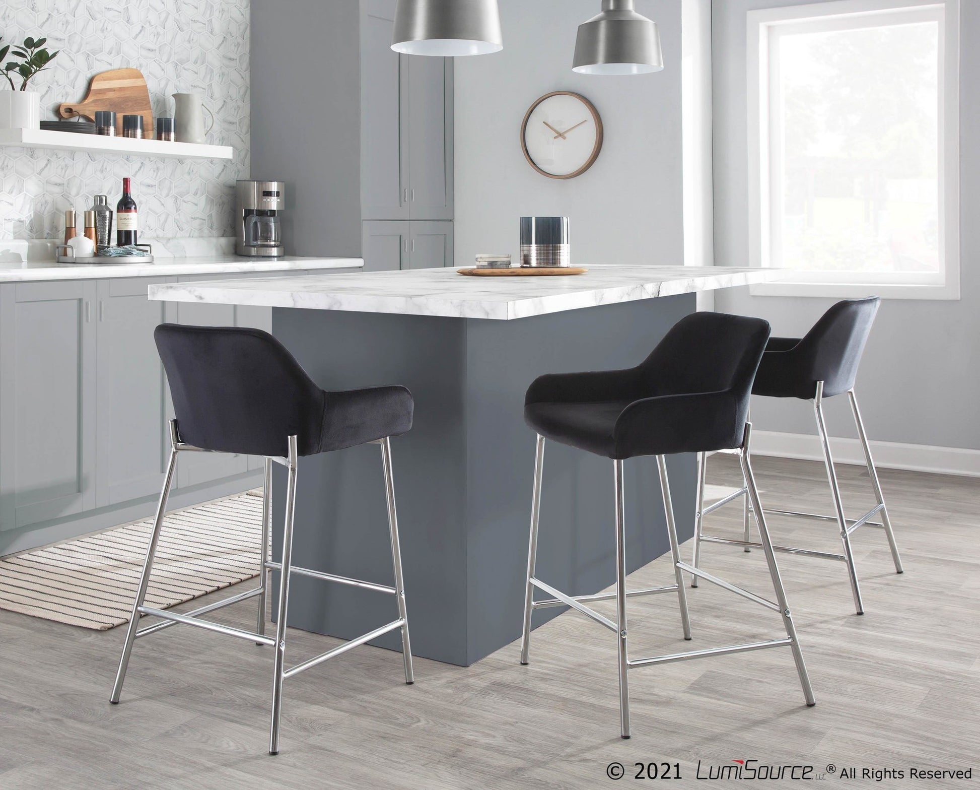 Daniella Contemporary Fixed-Height Counter Stool in Chrome Metal and Black Velvet By LumiSource - Set of 2 | Counter Stools | Modishstore - 5