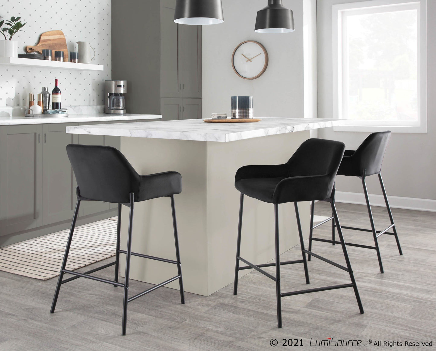 Daniella Industrial Fixed-Height Counter Stool in Black Metal and Black Velvet By LumiSource - Set of 2 | Counter Stools | Modishstore