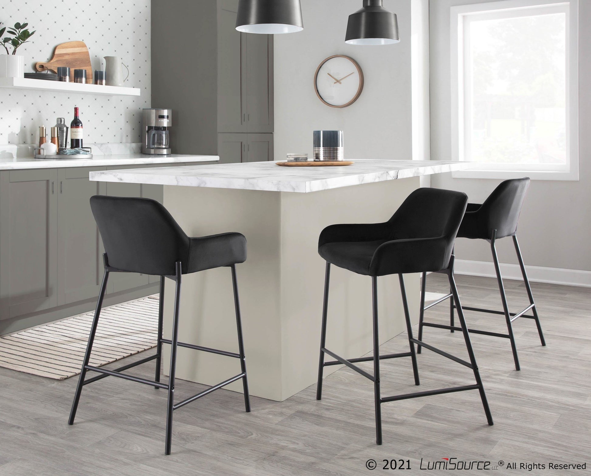 Daniella Industrial Fixed-Height Counter Stool in Black Metal and Black Velvet By LumiSource - Set of 2 | Counter Stools | Modishstore