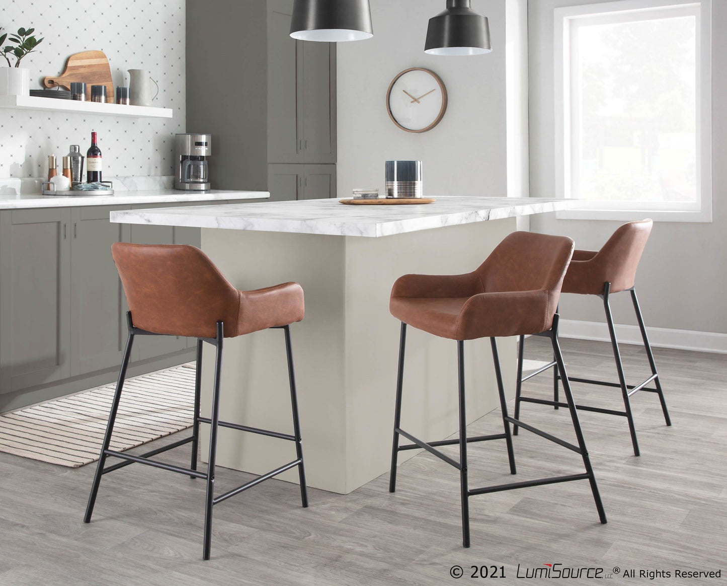 Daniella Industrial Fixed-Height Counter Stool in Black Metal and Camel Faux Leather By LumiSource - Set of 2 | Counter Stools | Modishstore