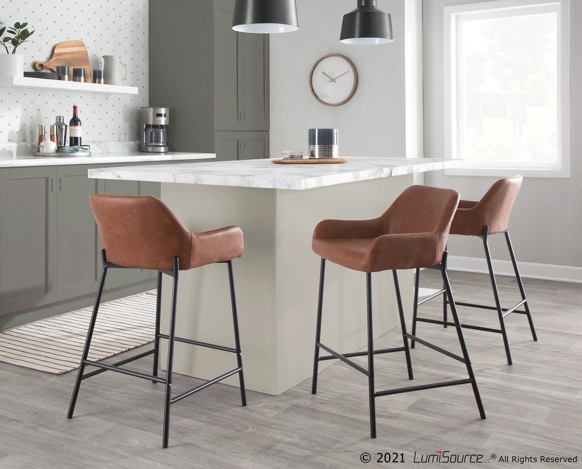 Daniella Industrial Fixed-Height Counter Stool in Black Metal and Camel Faux Leather By LumiSource - Set of 2 | Counter Stools | Modishstore