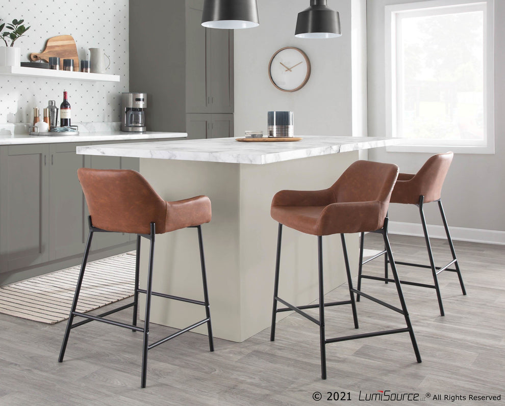 Daniella Industrial Fixed-Height Counter Stool in Black Metal and Camel Faux Leather By LumiSource - Set of 2 | Counter Stools | Modishstore