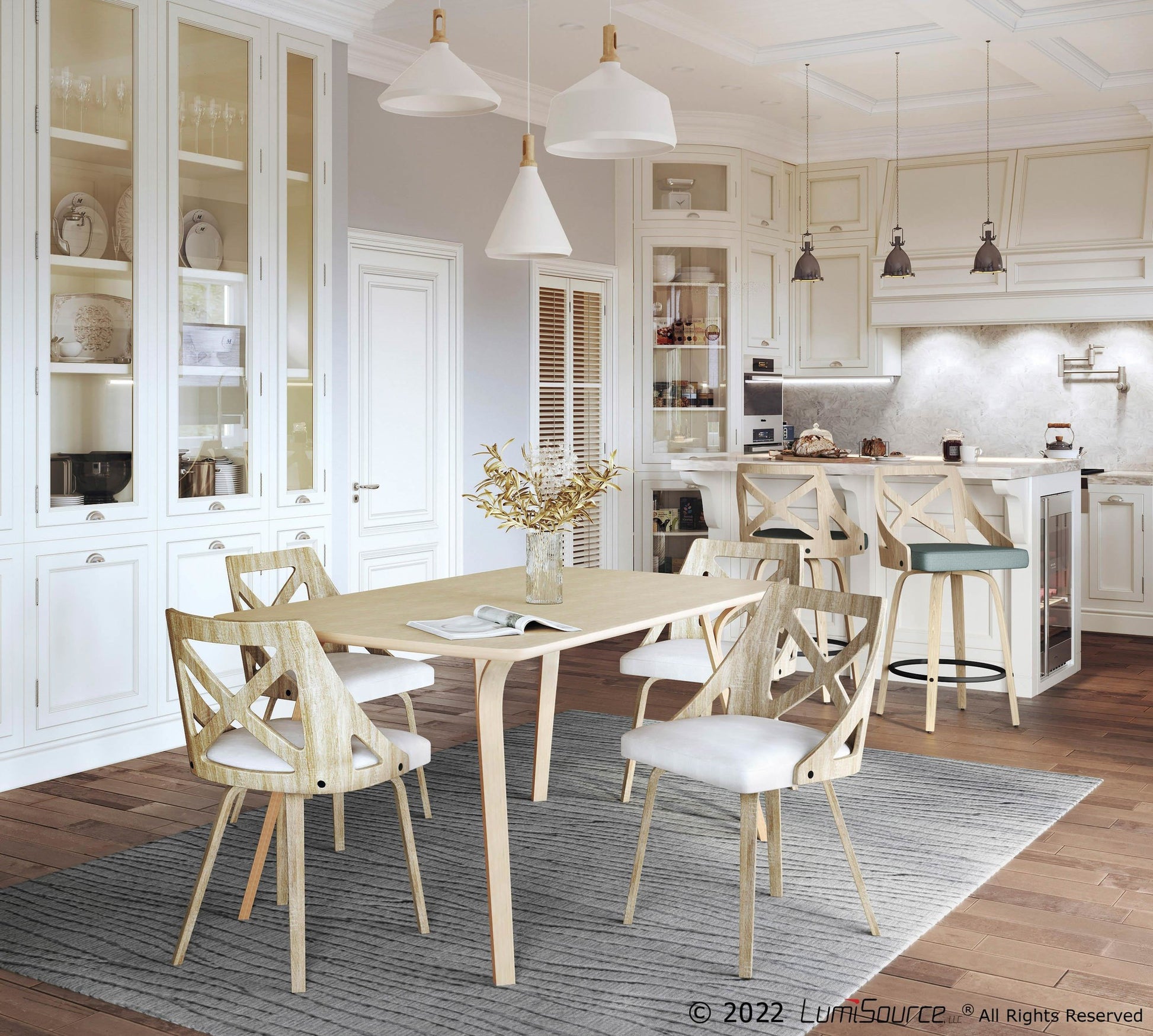 Charlotte Farmhouse Chair in White Washed Wood and Blue Fabric By LumiSource - Set of 2 | Dining Chairs | Modishstore - 21