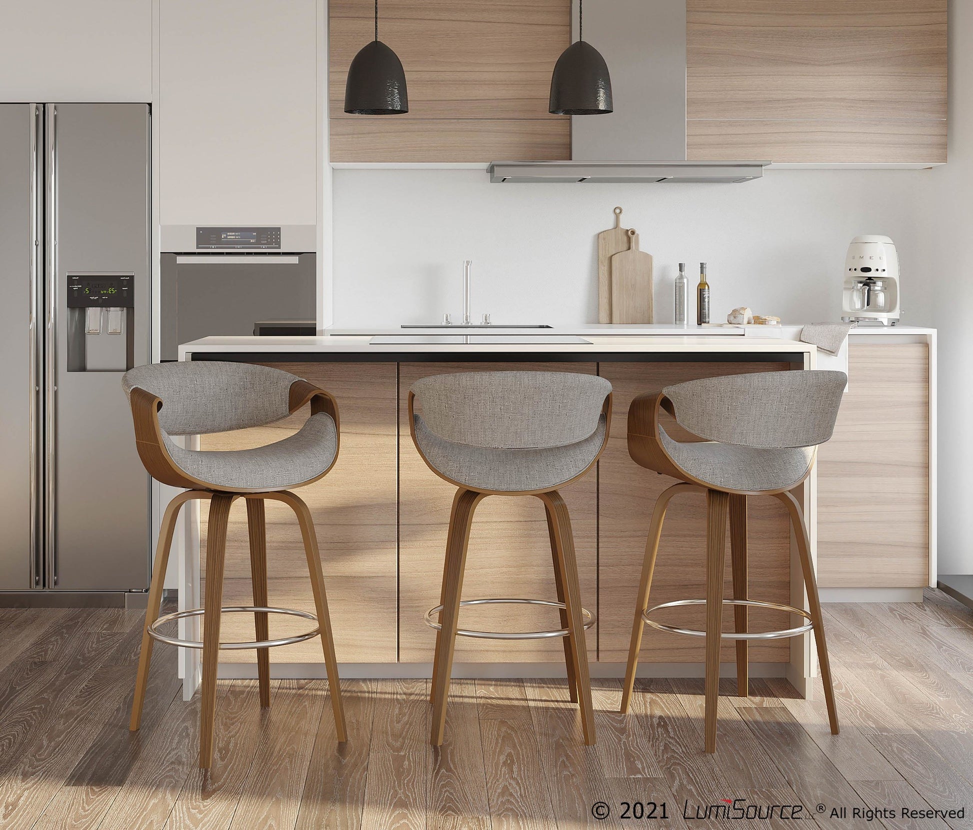 Curvini Mid-Century Modern Barstool in Walnut Wood and Blue Fabric By LumiSource - Set of 2 | Bar Stools | Modishstore - 26