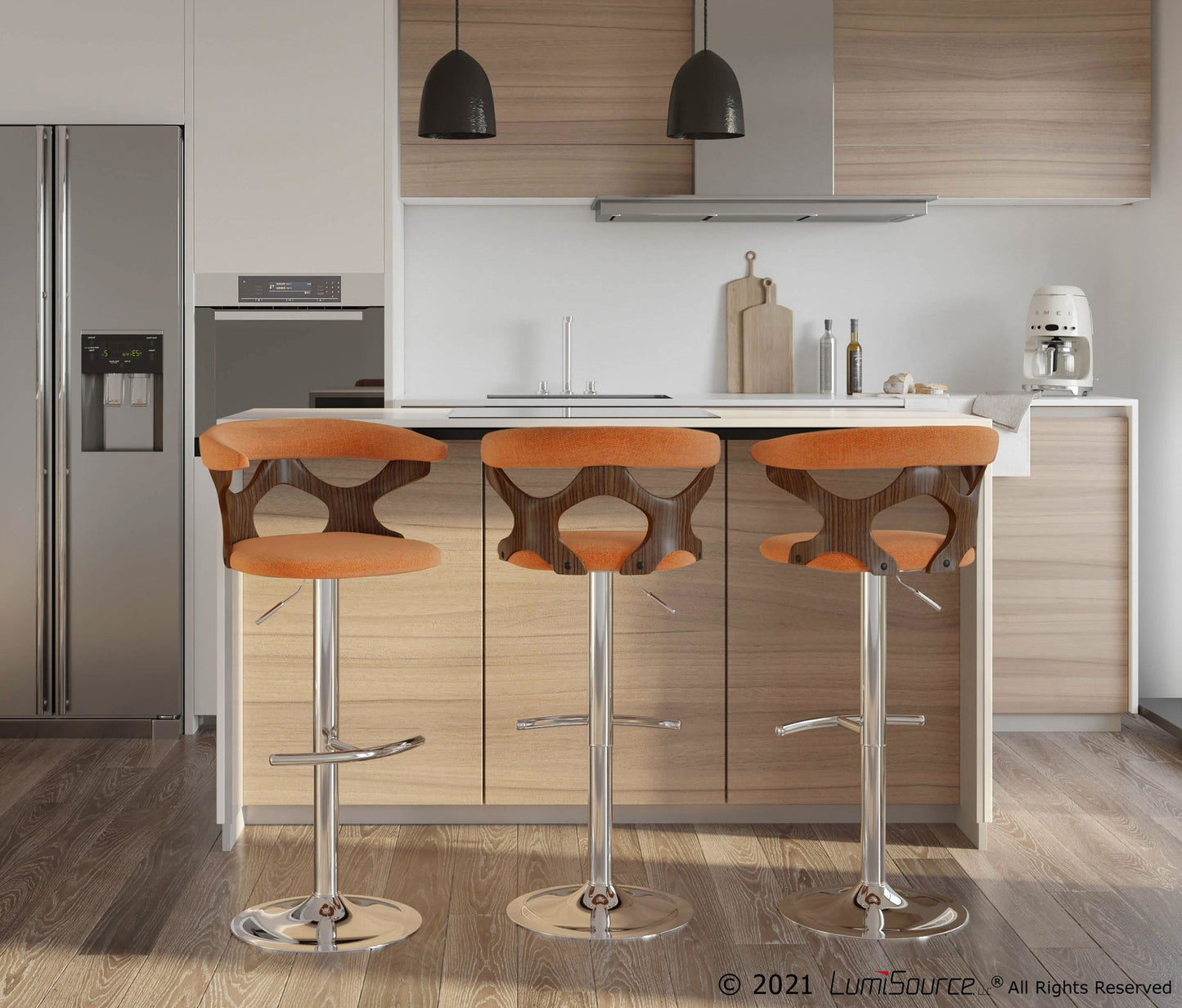 Gardenia Mid-Century Modern Adjustable Barstool with Swivel in Chrome, Walnut Wood and Orange Fabric By LumiSource - Set of 2 | Bar Stools | Modishstore - 6