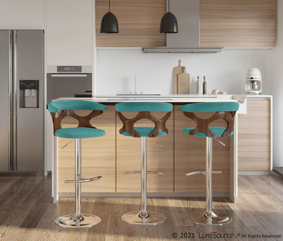 Gardenia Mid-Century Modern Adjustable Barstool with Swivel in Chrome, Walnut Wood and Orange Fabric By LumiSource - Set of 2 | Bar Stools | Modishstore - 15