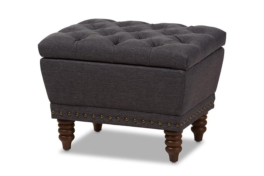 baxton studio annabelle modern and contemporary dark grey fabric upholstered walnut wood finished button tufted storage ottoman | Modish Furniture Store-2