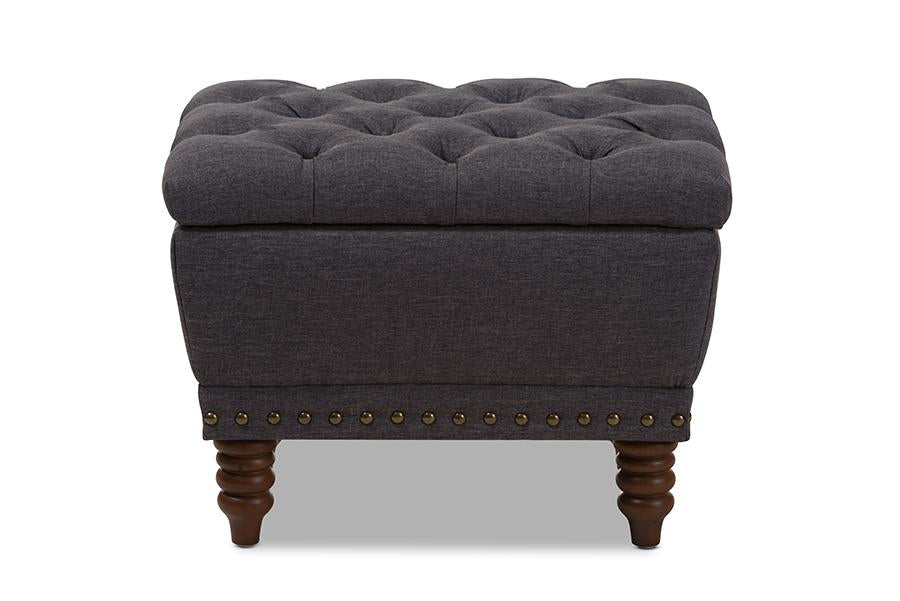 baxton studio annabelle modern and contemporary dark grey fabric upholstered walnut wood finished button tufted storage ottoman | Modish Furniture Store-3