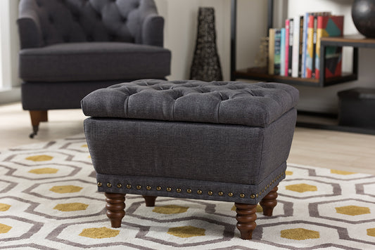 Baxton Studio Annabelle Modern and Contemporary Dark Grey Fabric Upholstered Walnut Wood Finished Button-Tufted Storage Ottoman | Modishstore | Ottomans