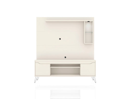 Manhattan Comfort Baxter 62.99 Freestanding Mid-Century Modern Entertainment Center with LED Lights and Décor Shelves in Off White | TV Stands | Modishstore