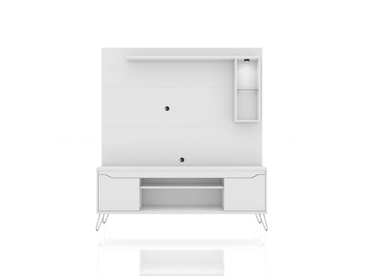 Manhattan Comfort Baxter 62.99 Freestanding Mid-Century Modern Entertainment Center with LED Lights and Décor Shelves in White | TV Stands | Modishstore