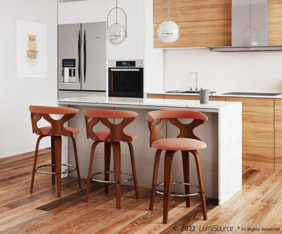 Gardenia 26" Mid-Century Modern Fixed Height Counter Stool with Swivel in Walnut and Orange Fabric By LumiSource - Set of 2 | Counter Stools | Modishstore - 6