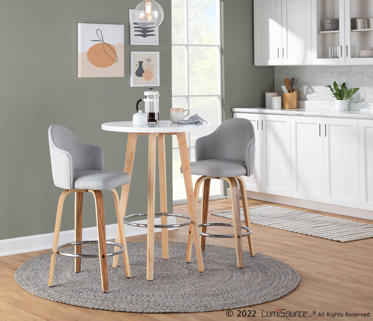 Ahoy Mid-Century Modern Fixed-Height Counter Stool with Zebra Wood Legs and Round Chrome Footrest with Light Grey Fabric By LumiSource - Set of 2 | Counter Stools | Modishstore