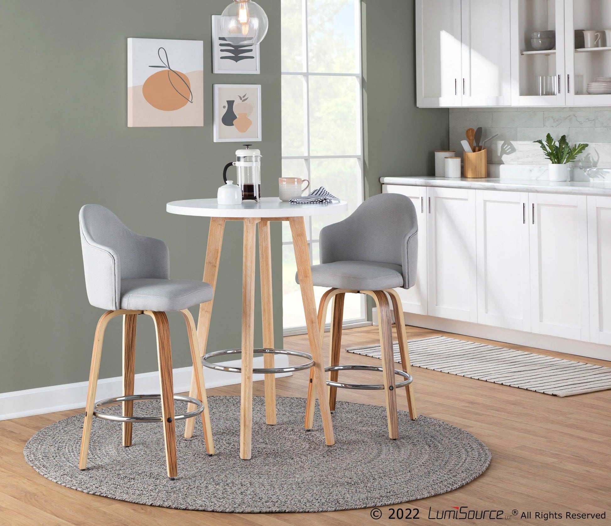Ahoy Mid-Century Modern Fixed-Height Counter Stool with Zebra Wood Legs and Round Chrome Footrest with Light Grey Fabric By LumiSource - Set of 2 | Counter Stools | Modishstore