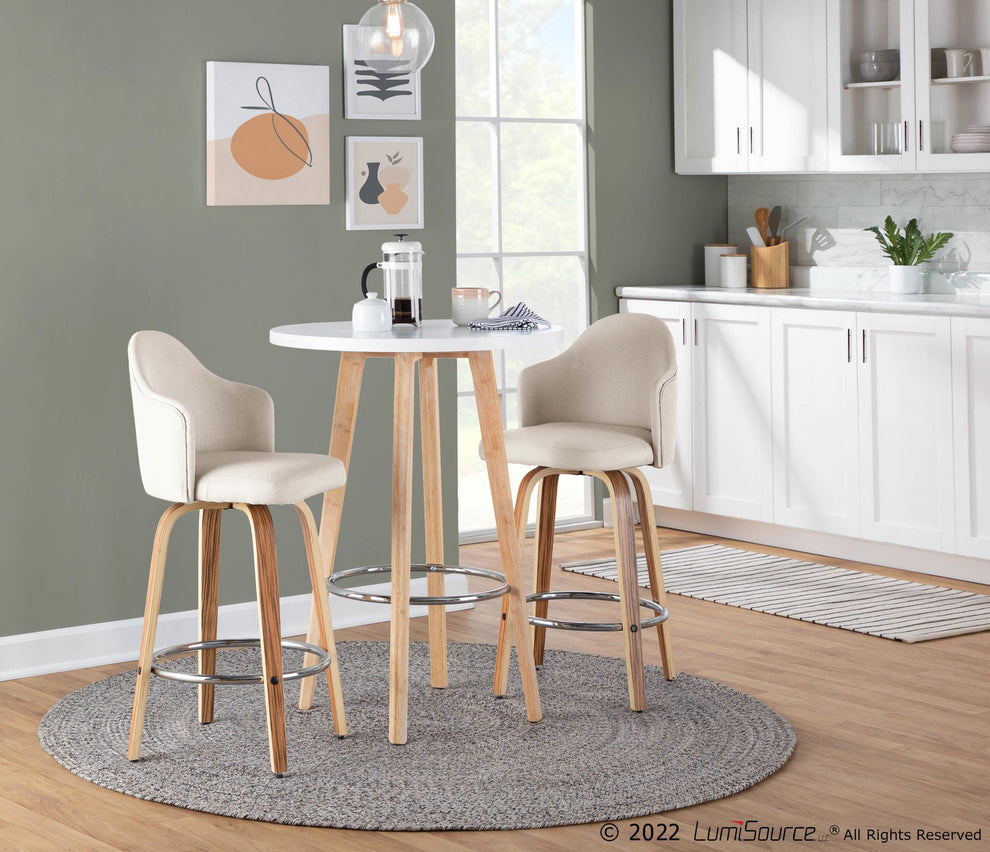 Ahoy Mid-Century Modern Fixed-Height Counter Stool with Zebra Wood Legs and Round Chrome Footrest with Cream Fabric By LumiSource - Set of 2 | Counter Stools | Modishstore - 5