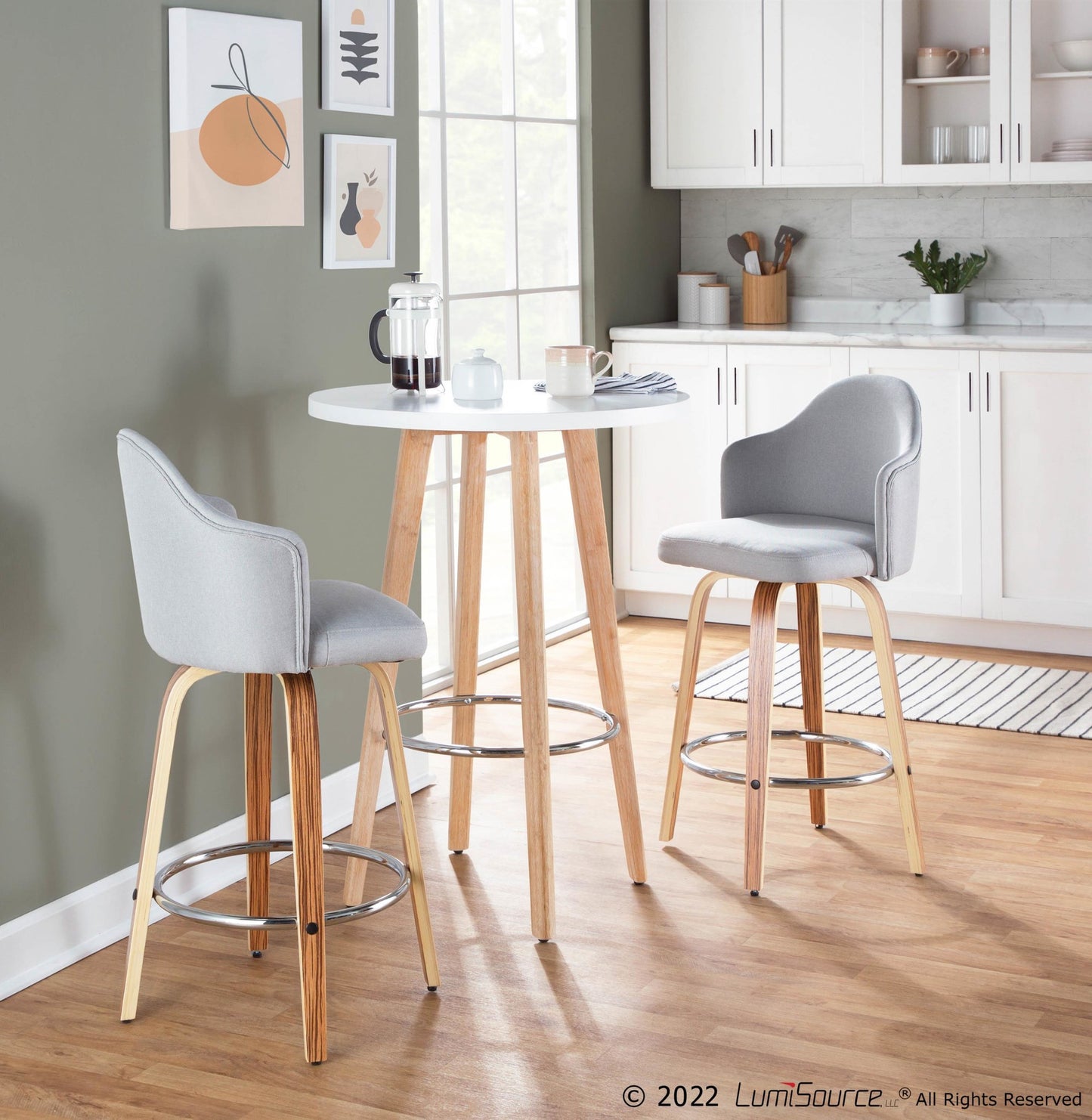 Ahoy Mid-Century Modern Fixed-Height Counter Stool with Zebra Wood Legs and Round Chrome Footrest with Light Grey Fabric By LumiSource - Set of 2 | Counter Stools | Modishstore - 5
