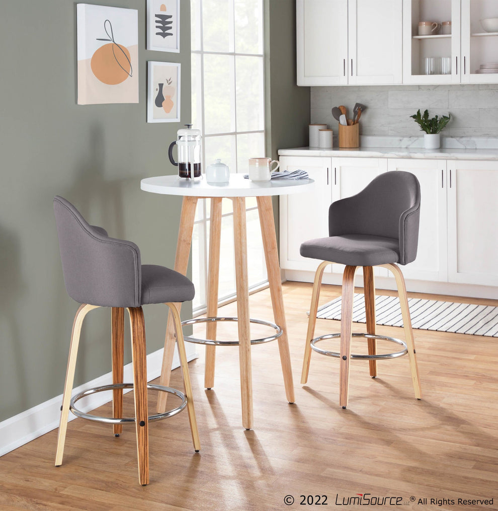 Ahoy Mid-Century Modern Fixed-Height Counter Stool with Zebra Wood Legs and Round Chrome Footrest with Cream Fabric By LumiSource - Set of 2 | Counter Stools | Modishstore - 14