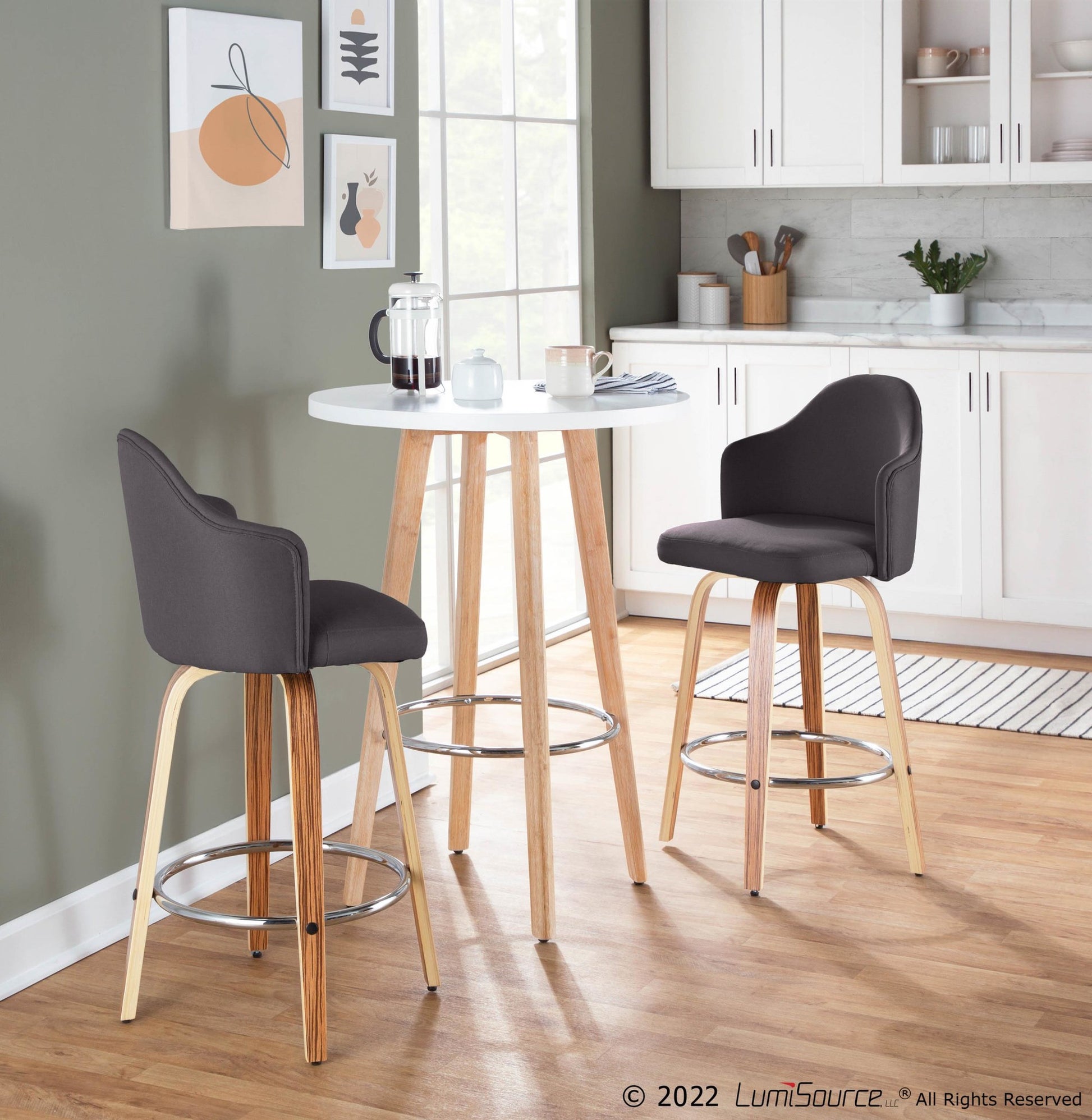 Ahoy Mid-Century Modern Fixed-Height Counter Stool with Zebra Wood Legs and Round Chrome Footrest with Charcoal Fabric By LumiSource - Set of 2 | Counter Stools | Modishstore