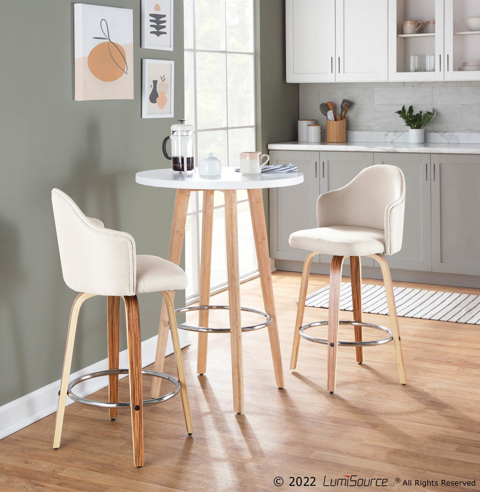 Ahoy Mid-Century Modern Fixed-Height Counter Stool with Zebra Wood Legs and Round Chrome Footrest with Cream Fabric By LumiSource - Set of 2 | Counter Stools | Modishstore - 4