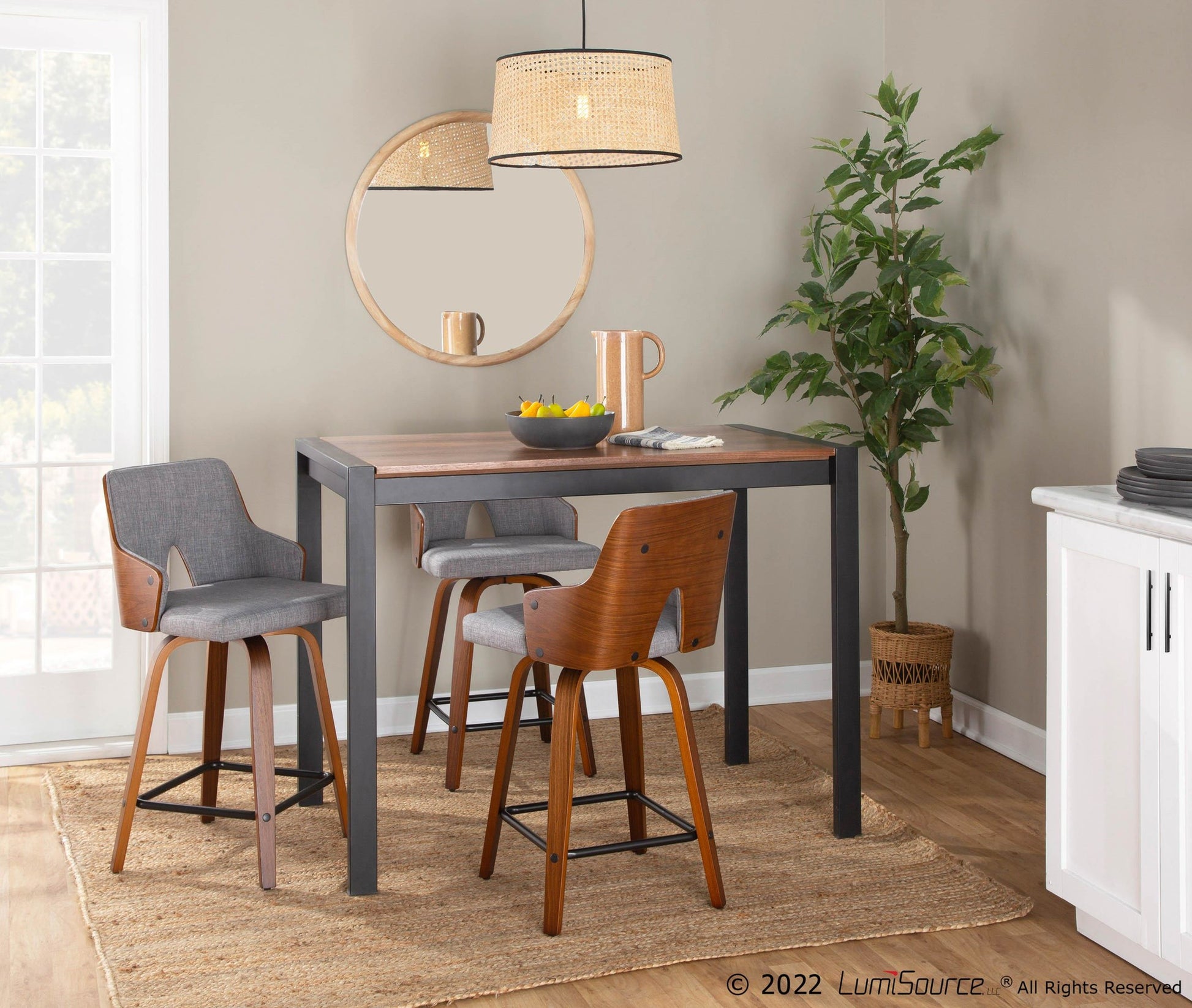 Stella 24" Mid-Century Modern Fixed Height Counter Stool with Swivel in Walnut and Light Grey Fabric By LumiSource - Set of 2 | Counter Stools | Modishstore - 6