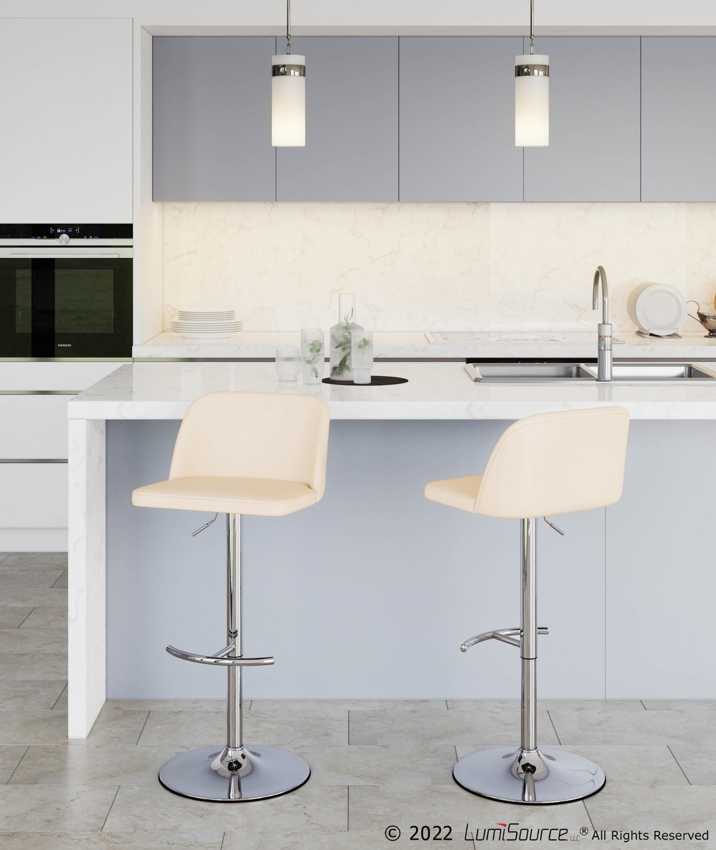 Toriano Contemporary Adjustable Bar Stool in Chrome with Rounded T Footrest and Black Faux Leather By LumiSource - Set of 2 | Bar Stools | Modishstore - 14